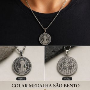 Colar Medalha São Bento em Aço Inoxidável para homem