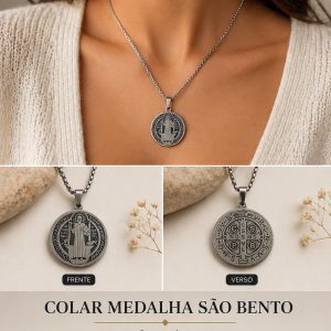 Colar Medalha São Bento em Aço Inoxidável