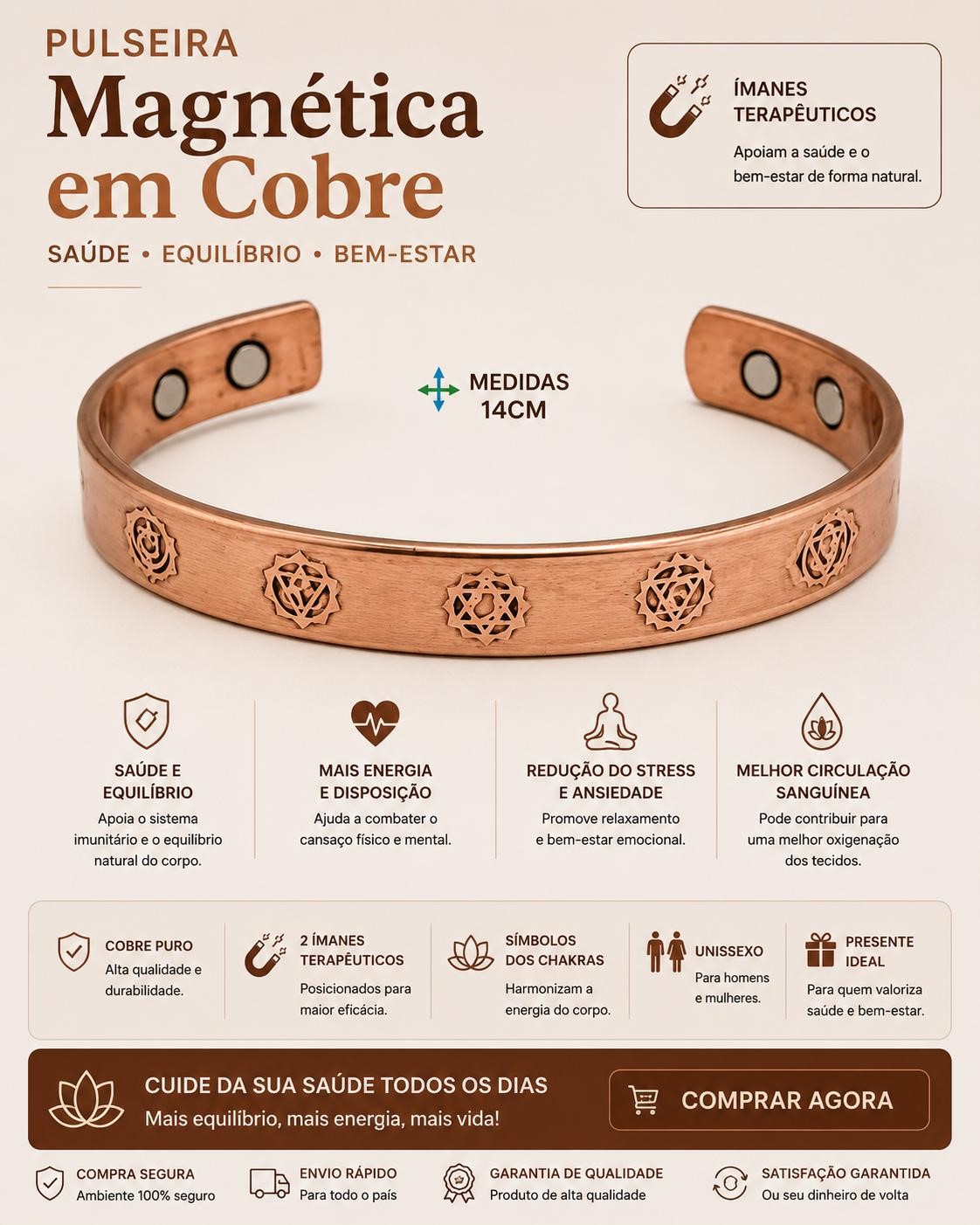 Pulseira Magnética em Cobre ✨ Bem-estar • Energia • Equilíbrio e saúde