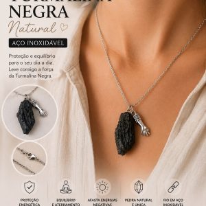 🖤 Fio de Turmalina Negra Natural em Aço Inoxidável ✨
