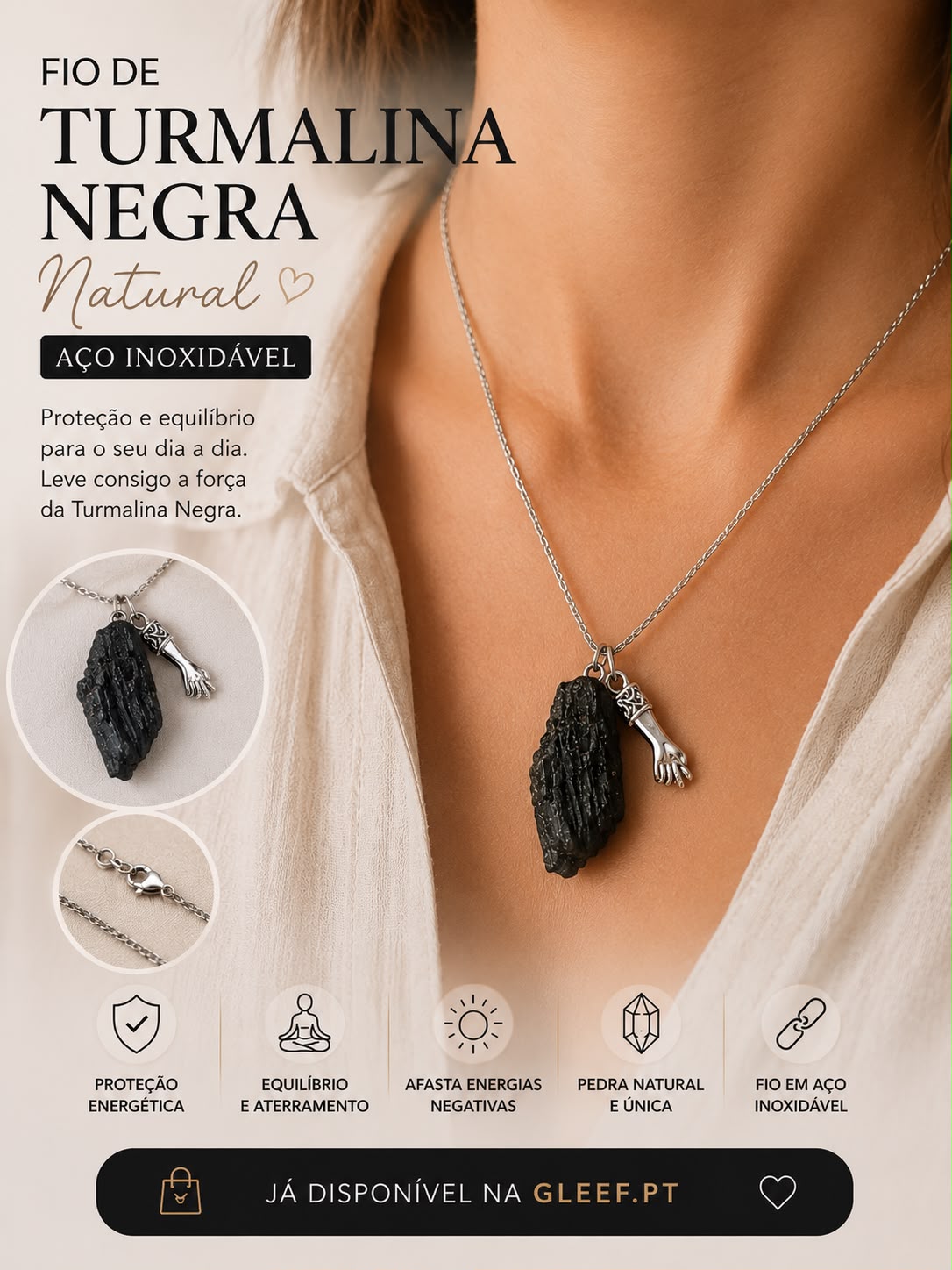 🖤 Fio de Turmalina Negra Natural em Aço Inoxidável ✨